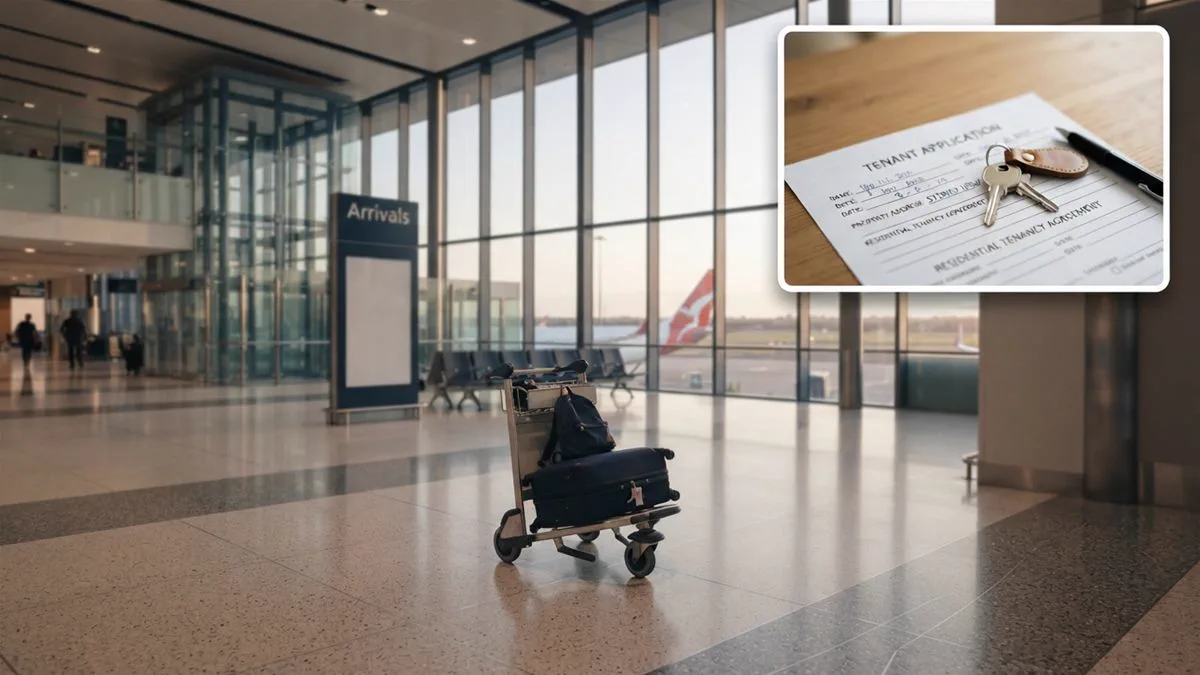 An arrivals hall at an Australian airport with morning light through the windows